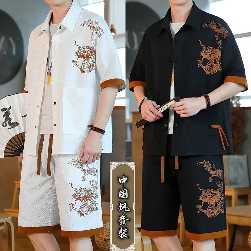 2025 High Quality [Hot Sale in Stores] Chinese Style Summer Suit Men's Thin Men's Short-Sleeved T-shirt Men's Cardigan Tang Suit Clothes Vintage Plate Mouth Hanfu Hot Sale