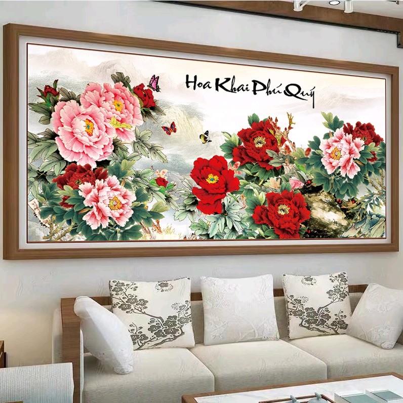 Tranh thêu kín Hoa mẫu đơn (mẫu đơn khoe sắc)  fj0774-150x65cm,fj0775-195x83cm