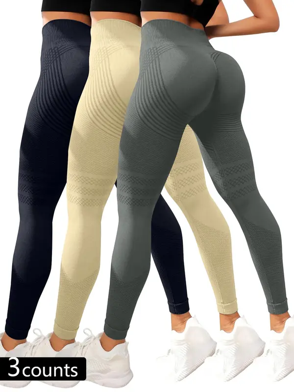 Women's Solid High Waist Sports Tummy Control Leggings, Casual High Stretch Seamless Yoga Leggings, Ladies Sportswear for Indoor Outdoor Wear, Gym Clothes, Ribbed Tight Fit Pants, Legging Fitness 2