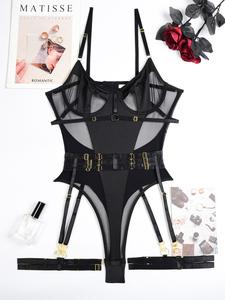 Women's Solid O-ring Sheer Sexy Lingerie Set, Naughty Lingerie, Adjustable Strap Mesh Bodysuit & Garter Belt & Leg Garters, Women's Lingerie & Underwear for All Seasons, Naughty Lingerie