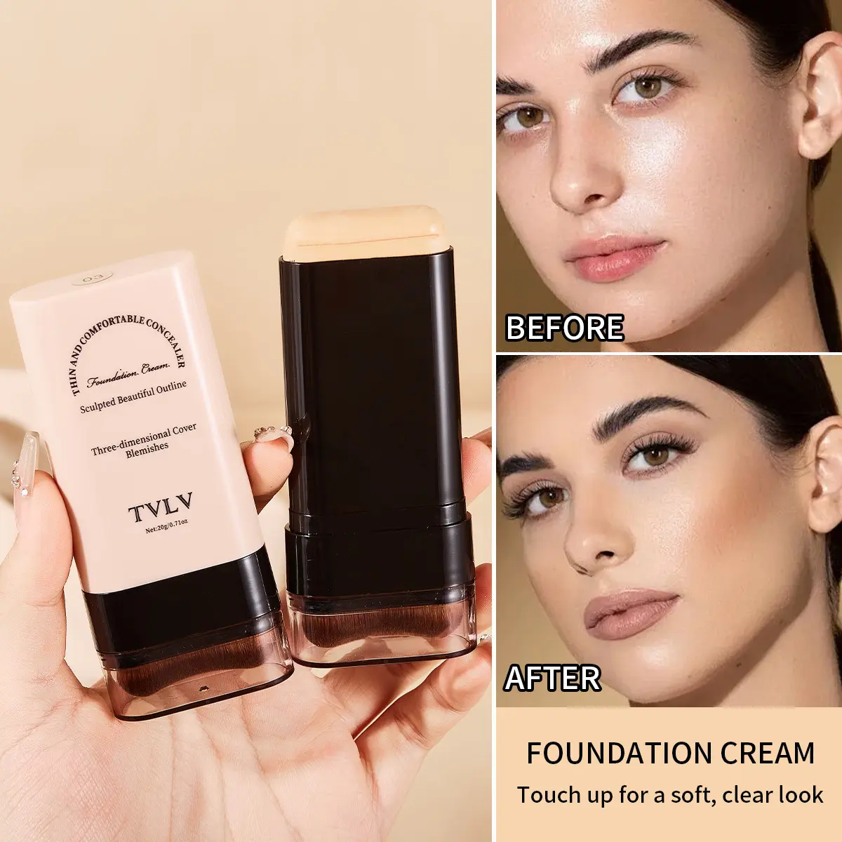 Tvlv Eraser Stick Foundation 20G with Brush Brightening Skin Color Liquid Foundation Long Lasting Smear-Proof Makeup Concealer