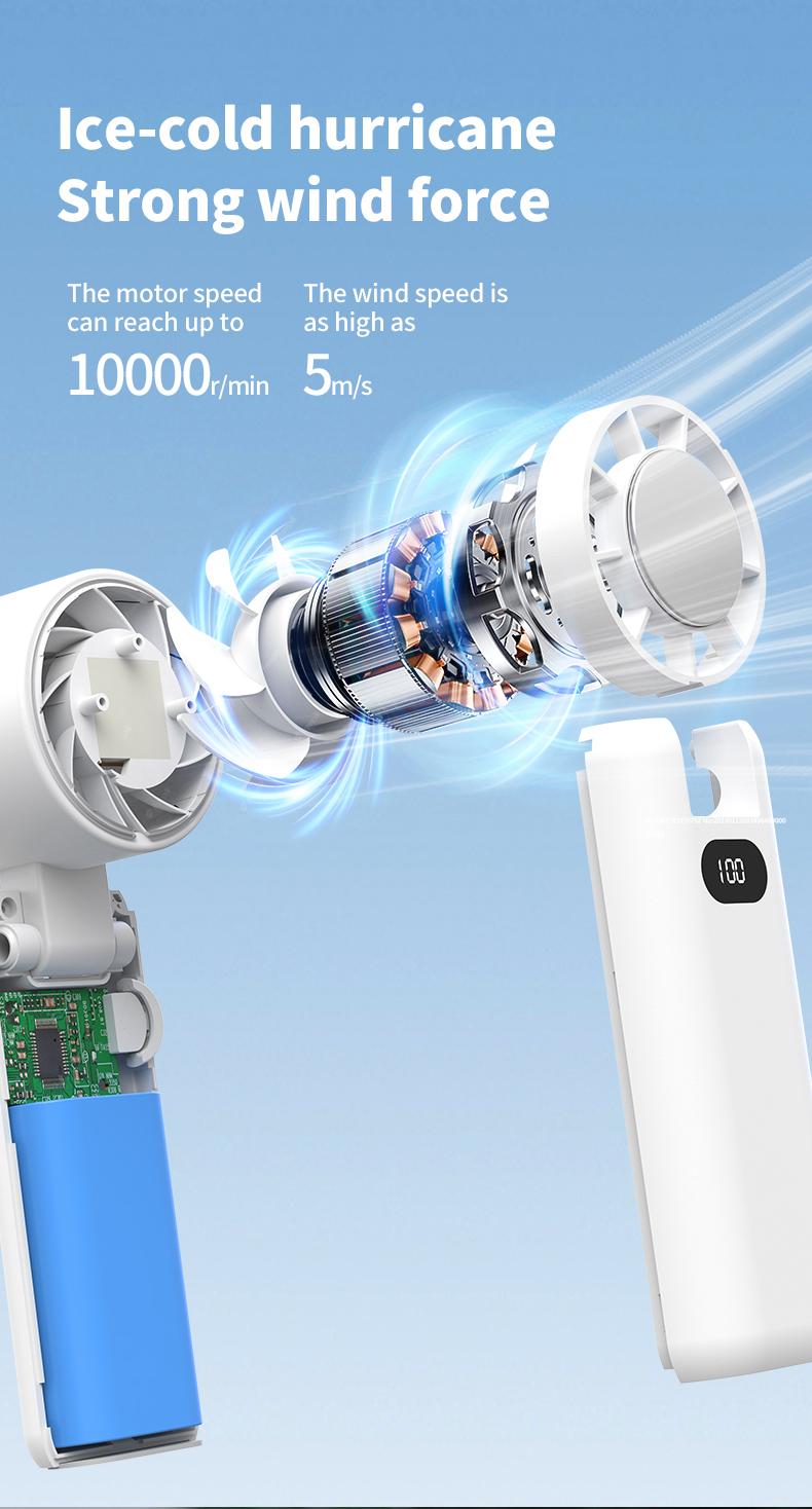 Product Introduction of Handheld small fan High speed powerful semiconductor cold air leafless spray refrigeration Small air conditioner Small mini turbine Portable portable charging Silent electric fan cooling magic weapon fan  portable 3