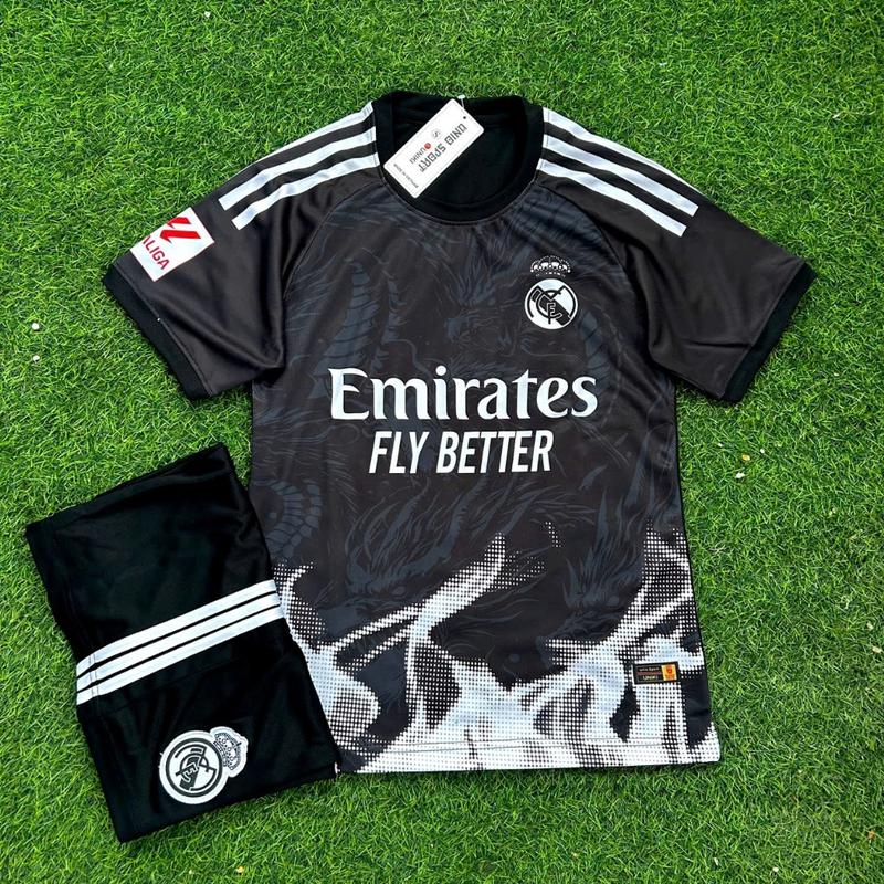 [REL-ĐLR] in tên số áo theo yêu cầu - Bộ đồ đá banh, quần áo bóng đá real đen lửa rồng - Chất vải thun mè cao cấp - thoáng mát