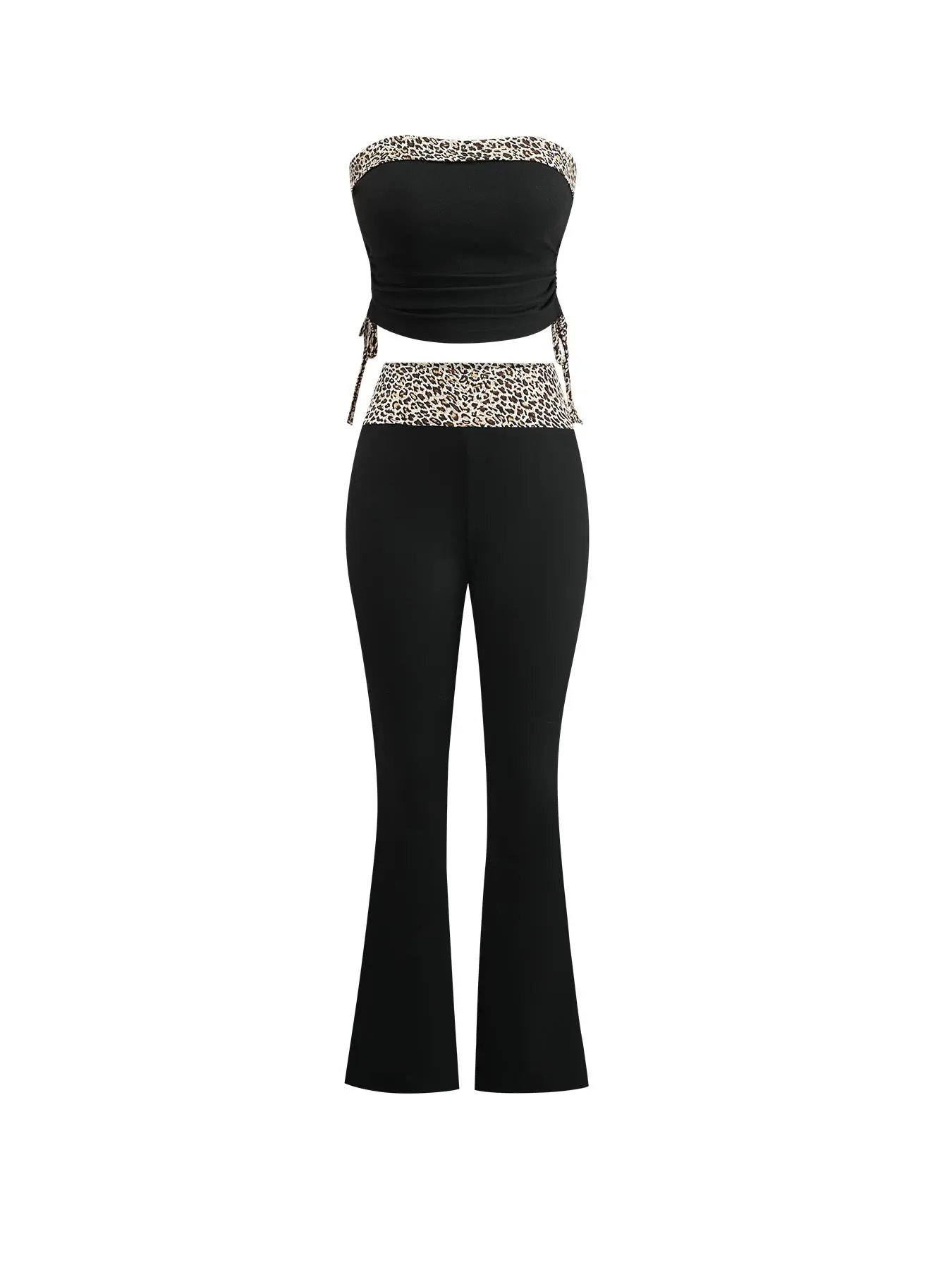 Women's   Patchwork  Tube Top & Flare Leg Pants Two-piece Set, Elegant Fashion Casual Top & Bell Bottom Trousers for Daily Outdoor Wear, Ladies Clothes for All Seasons