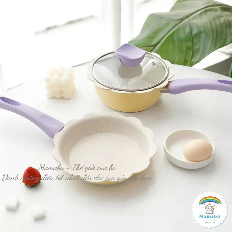 ( Sẵn Hàng ) Bộ Nồi Chảo Đá Hoa Cho Bé Ăn Dặm Cao Cấp Kèm Xửng Hấp Chống Dính Dùng Được Bếp Ga Từ Hồng Ngoại Mamabu 2