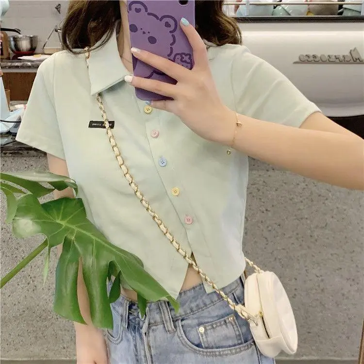 Atasan Kemeja Kaus Polo Wanita Pendek Pusat Ritsleting Lengan Pendek Tie Neck Warna Solid Kancing Fashion Kasual Korea Musim Panas Pakaian Dalam Wanita 5