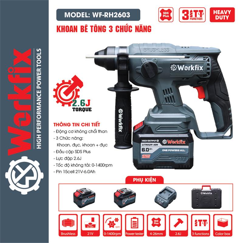 Máy khoan bê tông pin 3 chức năng Workfix BS-G2603H Màu Xám, 2 pin 15 cell, Lực đập 2.6J, Động cơ không chổi than