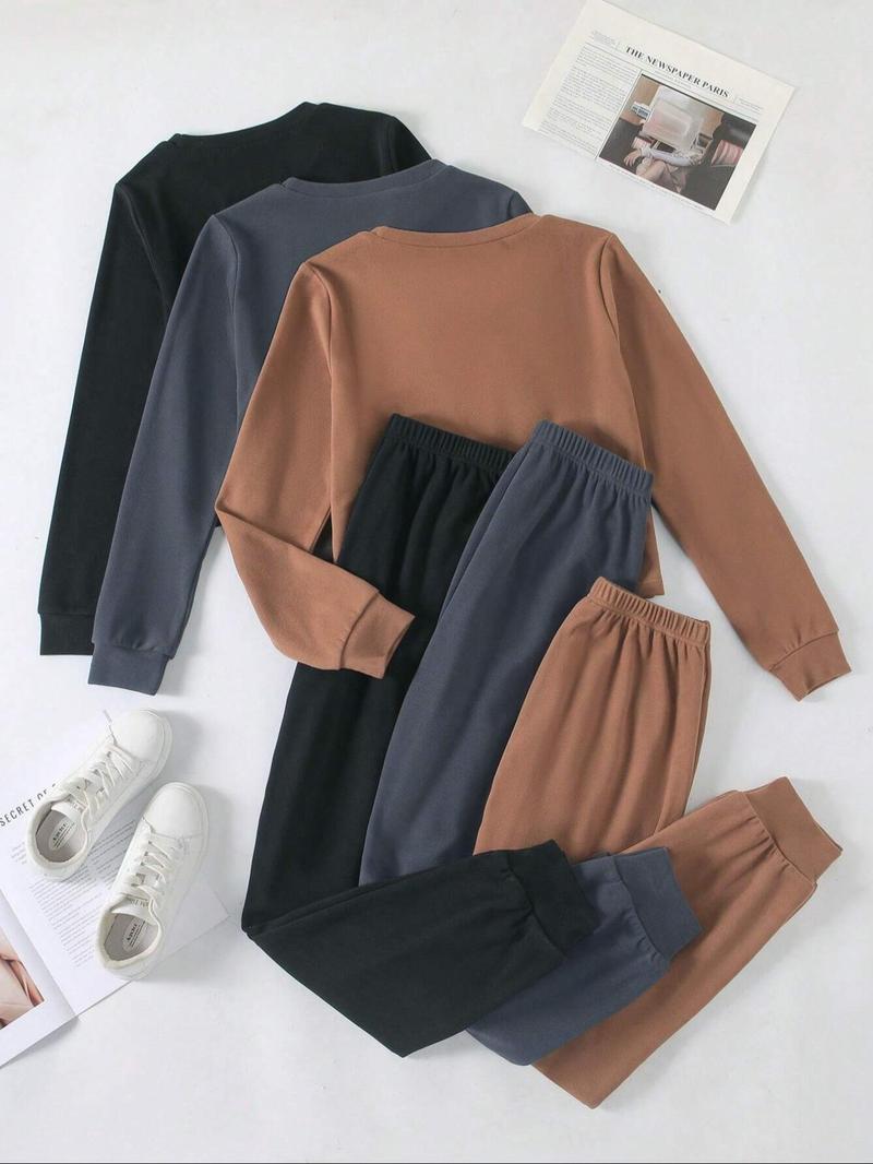 Product Introduction of Women's Solid Color Long Sleeve Top & Tie Front Elastic Waist Pants Set, Casual Round Neck Top & Trousers for Spring & Fall, Women's Clothes for Daily Wear, Co Ords for Women, Matching Sets for Women 6