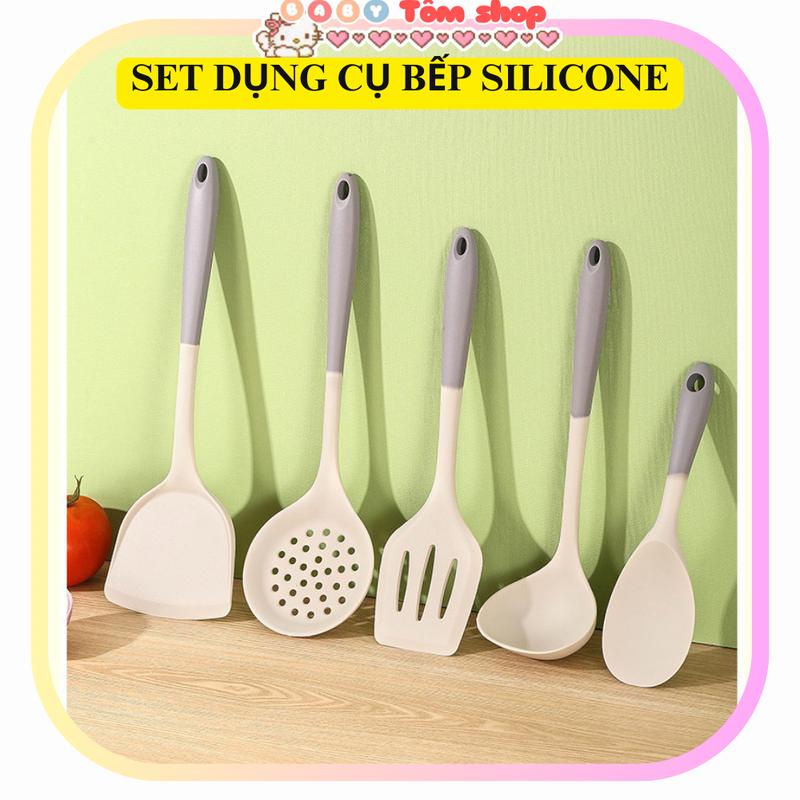 Set 5 dụng cụ nhà bếp silicone, chống dính, chịu nhiệt và an toàn, Baby Tôm