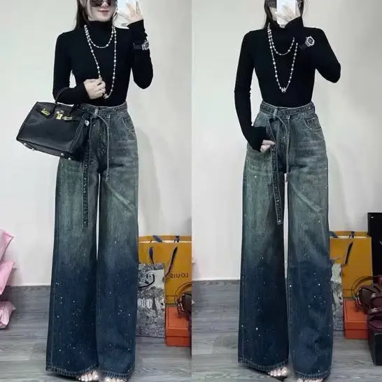 Quần Jeans Dáng Suông Đính Đá Màu Loang Hot Cạp Cao Hack Dáng Cho Nữ [xanh/đen]- Women