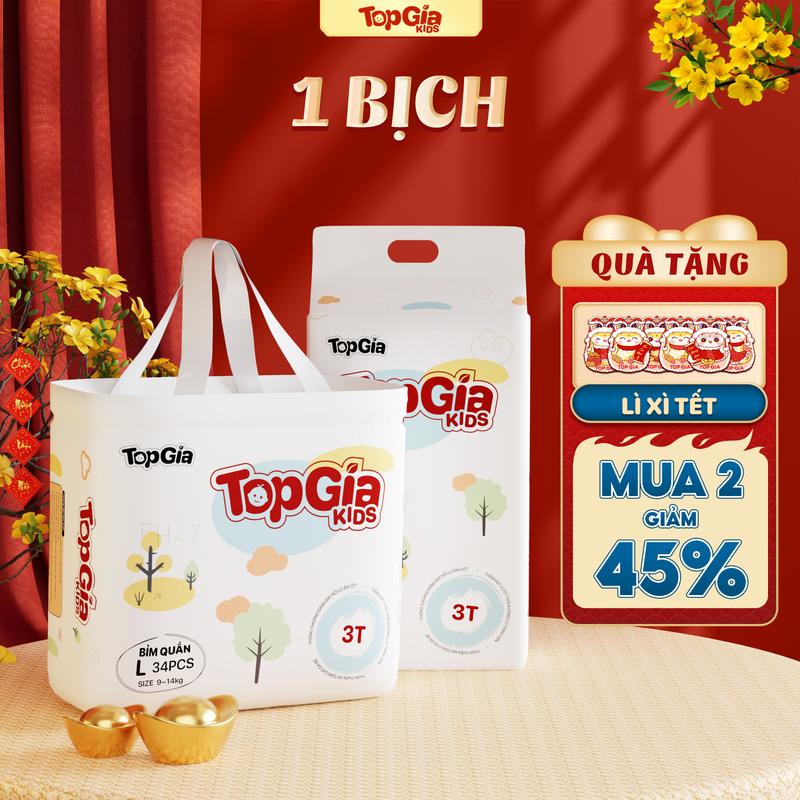 (1 BỊCH) (TẶNG MIẾNG DÙNG THỬ) Tã/Bỉm TopGiaKids pH < 7 ngừa hăm, đai chun đệm mây mềm mại co dãn 4 chiều, thấm hút bề mặt khô thoáng size S đến XXXL cho bé từ 4-20kg