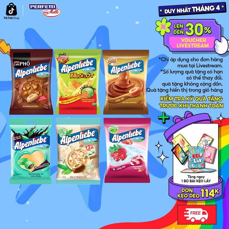 COMBO Kẹo cứng Alpenliebe đậm vị sữa béo hương Caramel, Dâu sữa, Trà sữa và kẹo cứng có nhân Xoài muối ớt