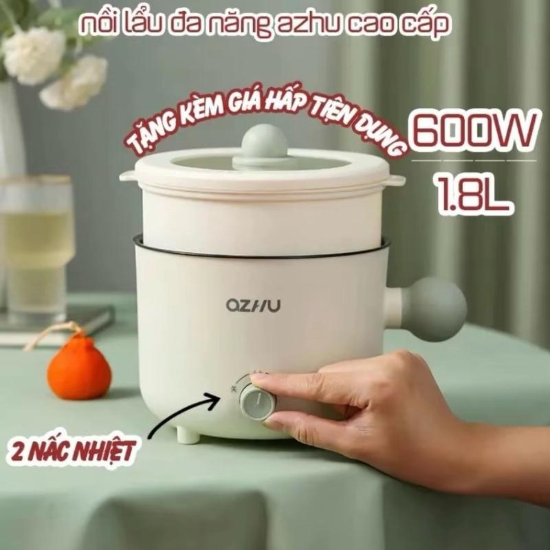 HÀNG LOẠI 1 Nồi Lẩu Điện Mini Nấu Mì 2 Tầng OZHU Kèm Giá Hấp Đa Năng Nướng Luộc Chiên Chống Dính Vân Đá Tiện Lợi Dung Tích 1,8L Nồi Điện Nấu Ăn Inox