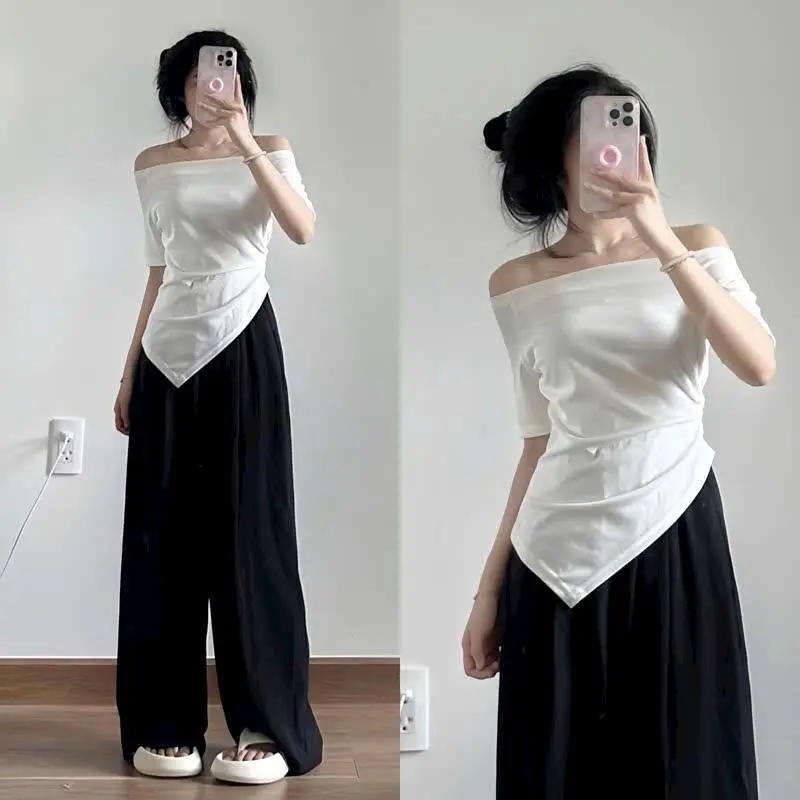 Áo Thun Kiểu Bẹt Vai Tay Ngắn Nhúm Eo Vạt Nhọn  Beveda Top Sơ Mi Nữ Women Đen