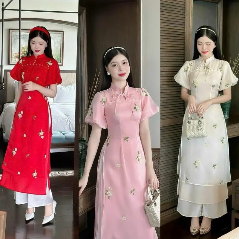 Sét Áo Dài Cách Tân Voan Ánh Kim Họa Tiết Cột Nơ Cổ Phối Quần Phi Lụa Nữ Tính Sang Trọng Dễ Thương. MEIHOUSE