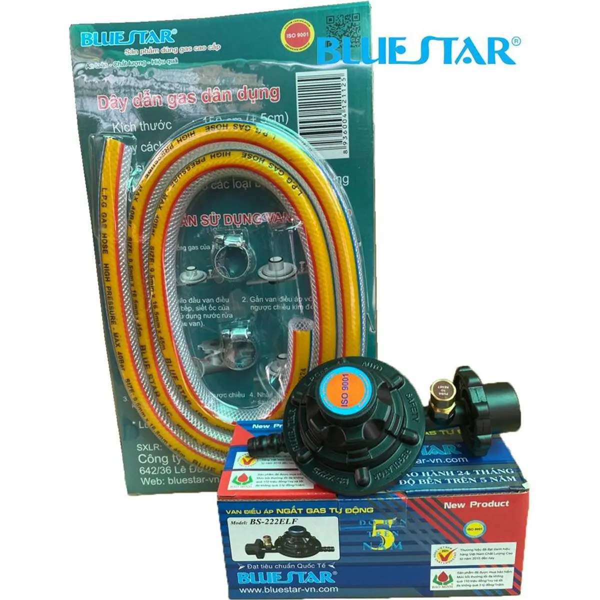 BỘ DÂY + VAN ĐIỀU ÁP NGẮT GA TỰ ĐỘNG CAO CẤP BLUESTAR BS-222ELF- THÂN VAN BẰNG HỢP KIM NHÔM ĐÚC, TAY VẶN BẰNG ĐỒNG NGUYÊN KHỐI, REN TRONG, DÂY GA 3 LỚP CAO CẤP