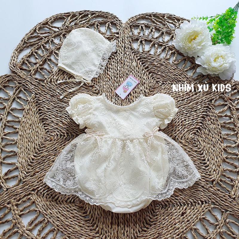 3-12kg Body Váy Ren Kem Đính Ngọc NHÍM XÙ KIDS Cho Bé Gái Sơ Sinh Đầy Tháng Thôi Nôi Sinh Nhật Kèm Nón B038