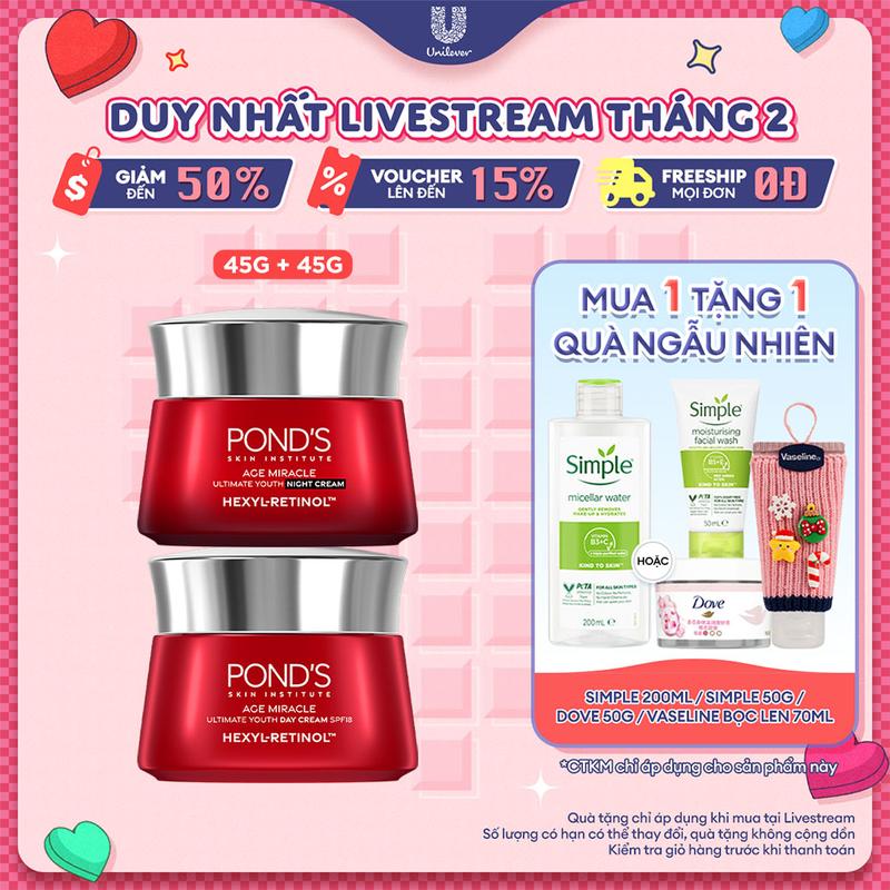 Bộ Skincare 2 Kem Dưỡng Ngày & Đêm Pond's Age Miracle Với 50X Hexyl-Retinol Hỗ Trợ Chăm Sóc Da, Giảm Vấn Đề Về Đốm Nâu Và Nếp Nhăn 45Gx2 Nữ [1]