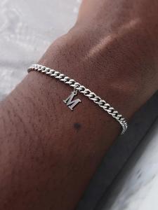 Pulsera de Cadena Cubana con Dije de Letra, Joyería de Acero Inoxidable Simple para Hombres, Accesorios Versátiles y Modernos