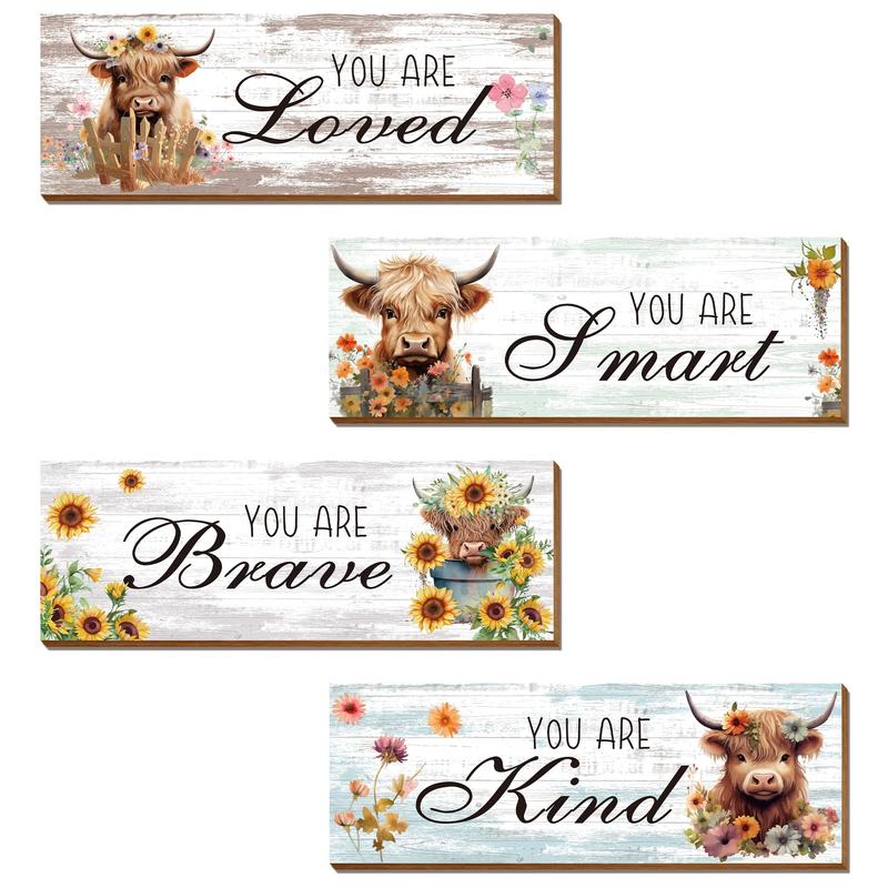 Letter & Highland Cow & Flower Pattern Wooden Sign, 4pcs/set Rustic Farmhouse Wall Art Plaque, Wall Decor for Home Living Room Bedroom Bathroom Kitchen 0