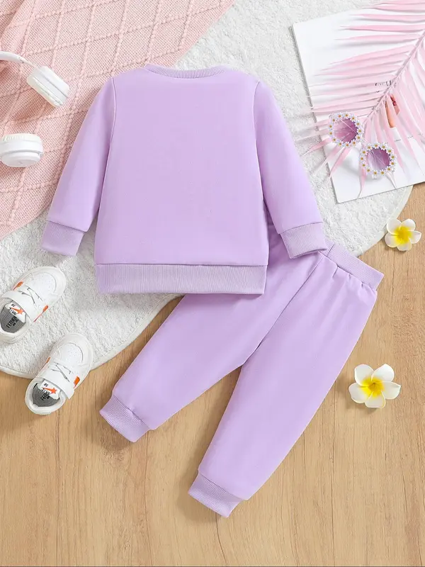 Baby Girl's Cartoon Smile Face & Flower Print Top & Elastic Waist Pants Set, Casual Long Sleeve Top & Trousers, Infant Toddler Kids Spring & Fall Clothes 1