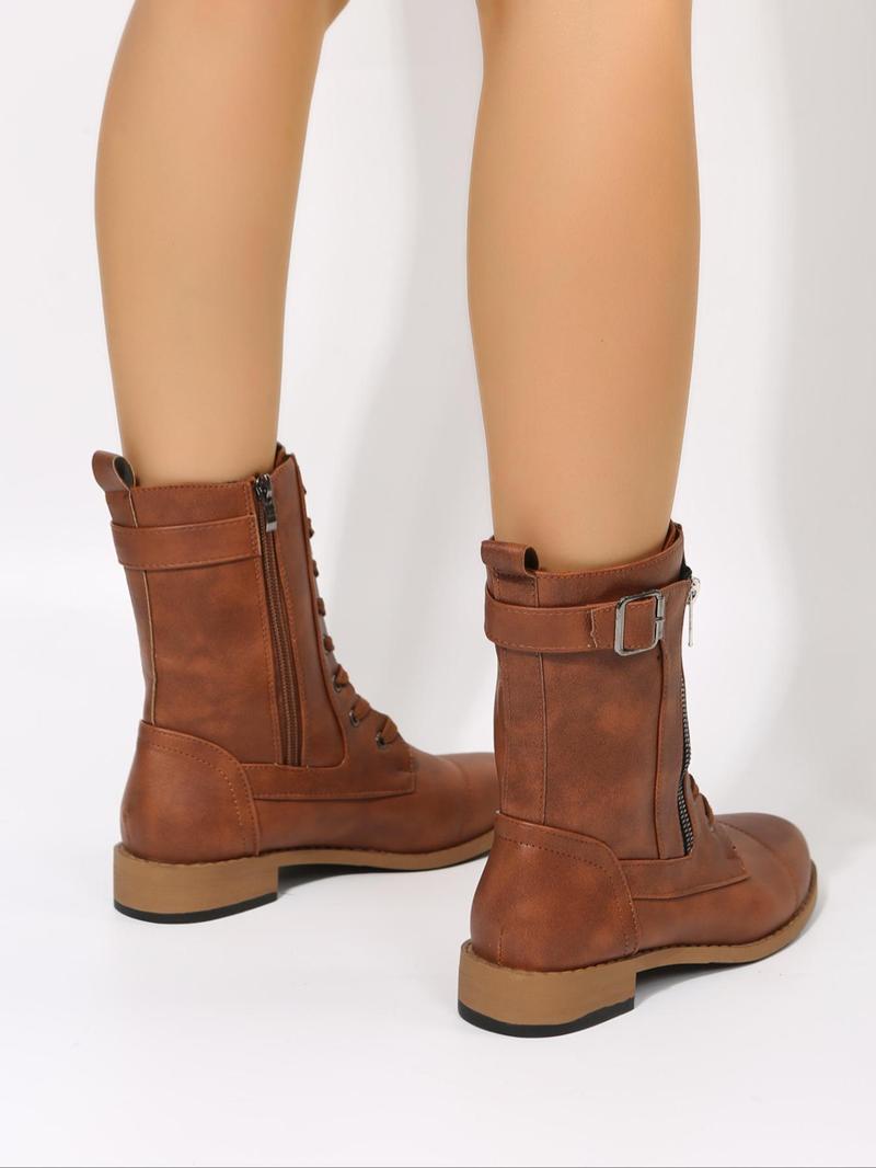 Product Introduction of Women's Minimalist Round Toe Mid-calf Cowboy Boots, Fashionable Comfort Side Zip Low Heel Combat Boots for Fall & Winter Footwear, Casual Plain Lace Up Decor Work Boot for Girl Gift 3