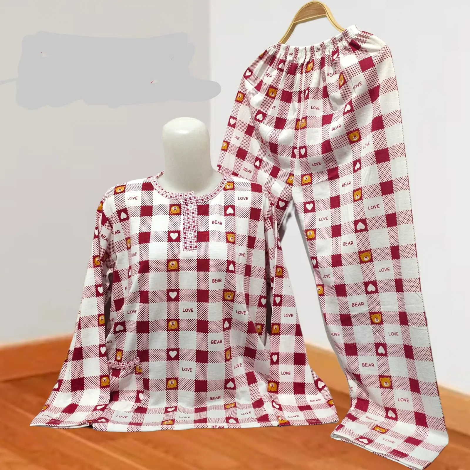 Piyama PP Standar Bahan Kaos Lengan Panjang Dan Celana Panjang Wanita XL LD 96-106cm Babydoll Dengan Kancing Aktif & Kantong Depan Baju Adem Dan Stretch