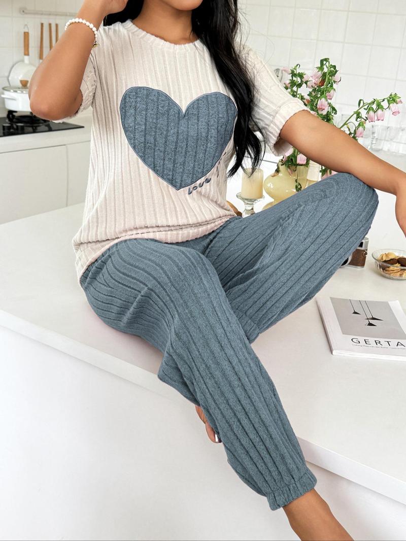 Product Introduction of Women's Love Print & Letter Embroidery Shortsleeve Top & Elastic Waist Pants Pyjama Set, Summer Sets, Valentine's Day Lady Comfortable Round Neck Short Sleeve Tee & Ribbed Trousers Pj Set, Sleepover Supplies for Girls, Gift for Her Loungewear Pajamas 5