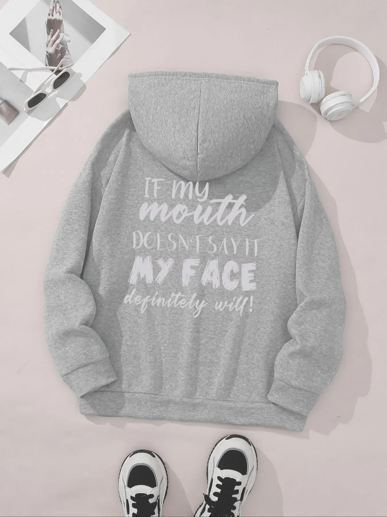 Women's Letter Print Drawstring Pocket Hoodie, Casual Long Sleeve Hooded Sweatshirt for Spring & Fall, Fashion Women's Clothes for Daily Wear