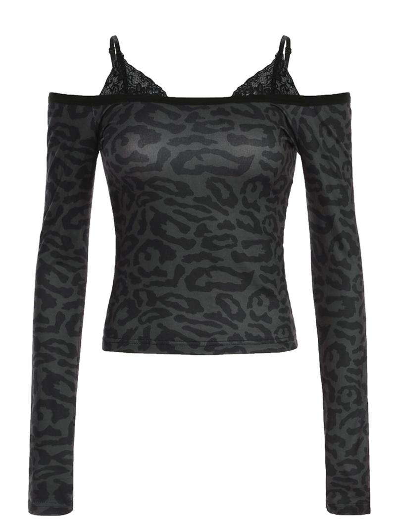 Product Introduction of Women's Leopard Patchwork Print Contrast Lace Backless Tee, Y2k Trendy Casual Long Sleeve T-shirt for Daily Wear, Ladies Fall & Winter Wear 18