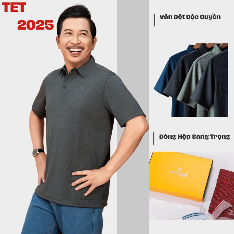 Áo thun nam trung niên Thái Khang chất liệu thun lạnh vân dệt Jacquard co giãn 4 chiều ATHUN10 Polo Menswear Có Cổ Tay Ngắn Shirt