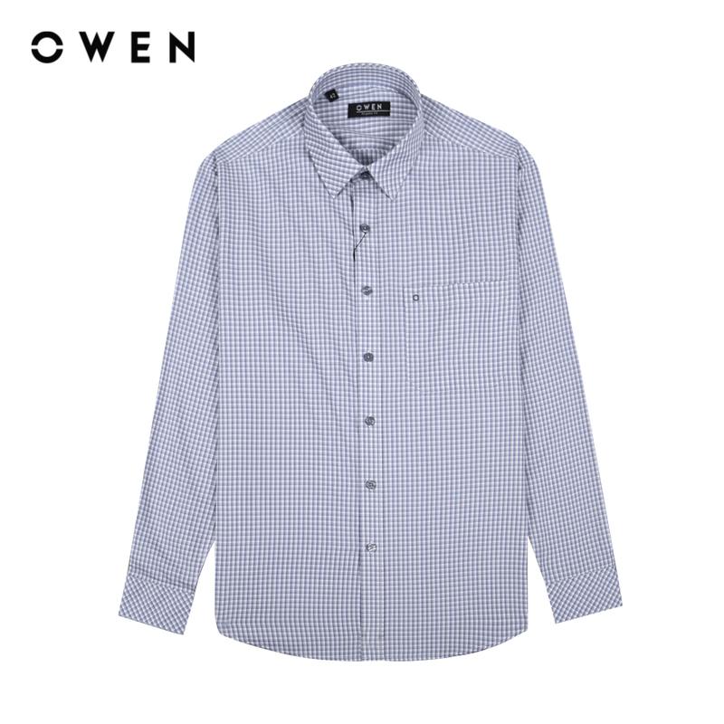 OWEN - Áo sơ mi dài tay Nam Form dáng Regular Fit Màu sắc Xanh rêu AR230663DT Chất liệu 50%Bamboo50%Polyester Có Cổ Hoạ tiết Kẻ nhỏ Menswear