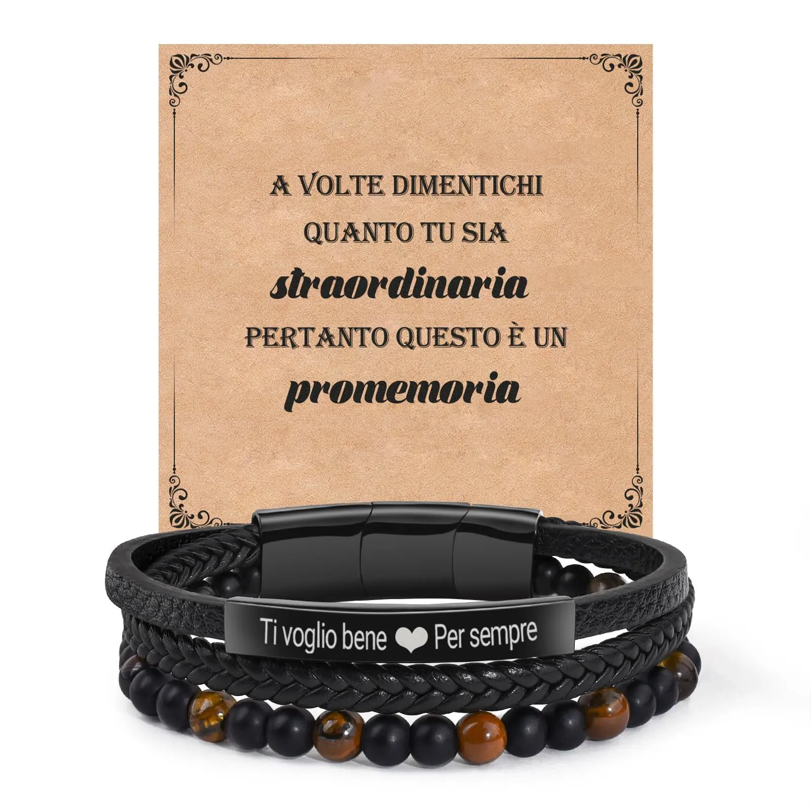 Three-Section Buckle Leather Bracelet Black Electroplated Stainless Steel Bent Tube Braided Three-Layer Tiger Eye Stone Black Matte Leather Bracelet