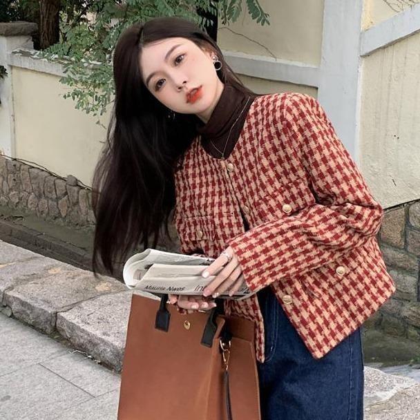  Áo khoác dạ tweed nữ dài tay A.351 Áo kiểu dáng ngắn túi nắp họa tiết kẻ caro 2 màu sang chảnh - Thời trang nữ Chấm Bi 