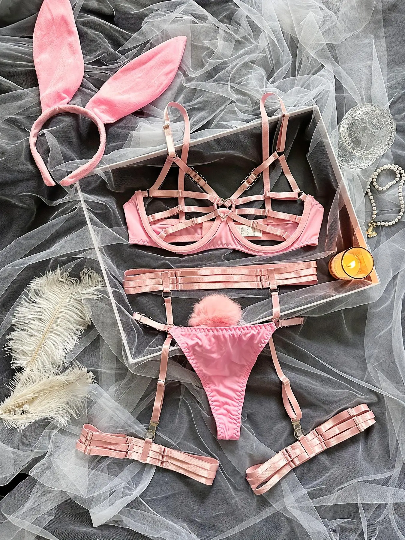 Women's 6pcs Ring Linked Cut Out Sexy Bunny Lingerie Set, Sexy Rabbit Ear Design Headband & Push Up Bra & Fuzzy Tail Design Thong & Garter Belt Underwear Set