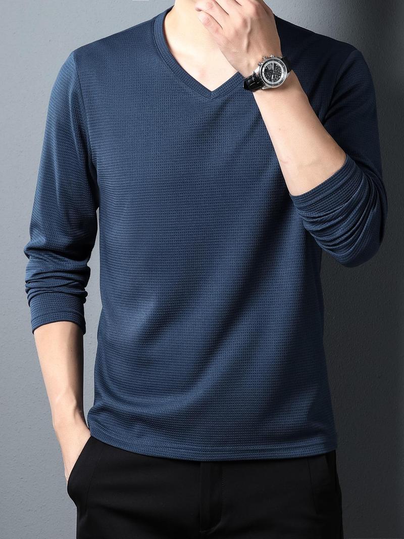 Product Introduction of Men's Solid Color V Neck Long Sleeve Tee, Regular Fit Casual Comfy T-shirt for Spring & Fall, Men's Top for Daily Wear 5