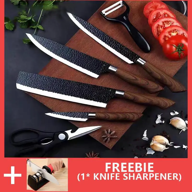 【FREE GIFT】COD German imported kitchen knife six-piece set with Sharpener Knifes Holder stainless steel high quality Non-stick chef butcher utility knives shelf rack storage box organizer for kichen utensils accessories cooking tool s Block Knife Block