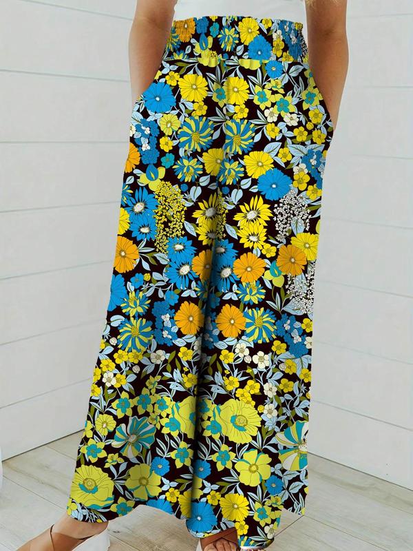 Plus Size Floral Print Shirred Wide Leg Pants, Boho Casual High Waist Trousers for Daily Holiday Vacation Wear, Women's Plus Size Bottoms for Summer 8