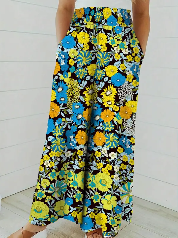 Plus Size Floral Print Shirred Wide Leg Pants, Boho Casual High Waist Trousers for Daily Holiday Vacation Wear, Women's Plus Size Bottoms for Summer 8