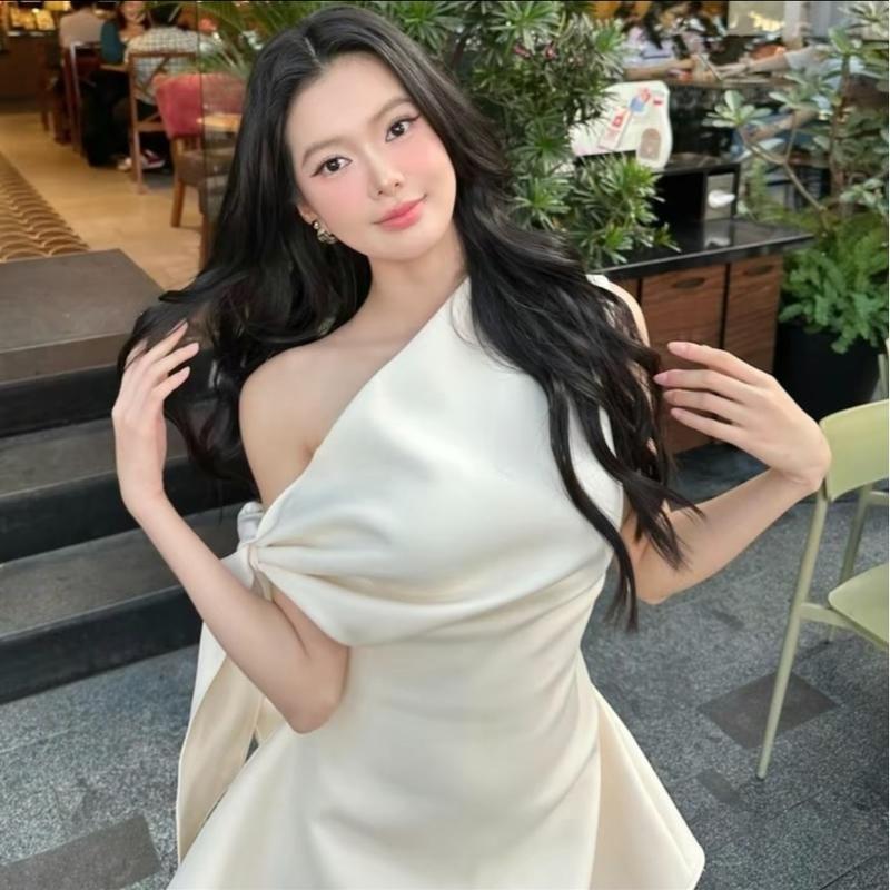 [KÈM TAG NƠ] Váy LỆCH VAI buộc nơ 2 lớp lót kèm quần bảo hộ - Hân Linh shop