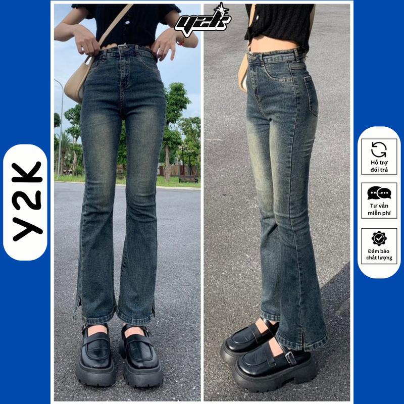  QUẦN BÒ LOE Màu Xanh đậm phủ bụi ống Xẻ Gấu jean nữ cạp cao rin ống loe co giãn jeans lưng cao Y2K Women Pants Kem 