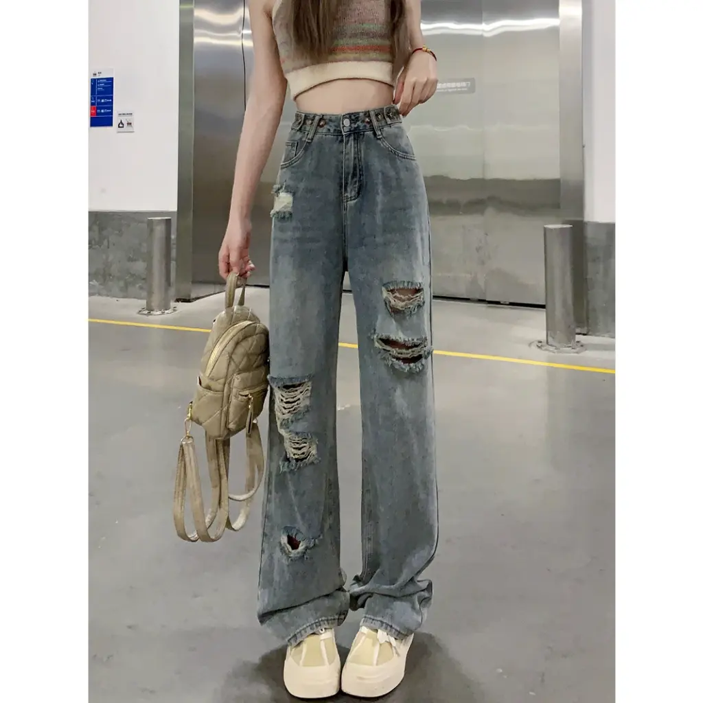 Quần Jean ống suông rách gối phong cách girl phố S06 Women Lưng Cao Denim