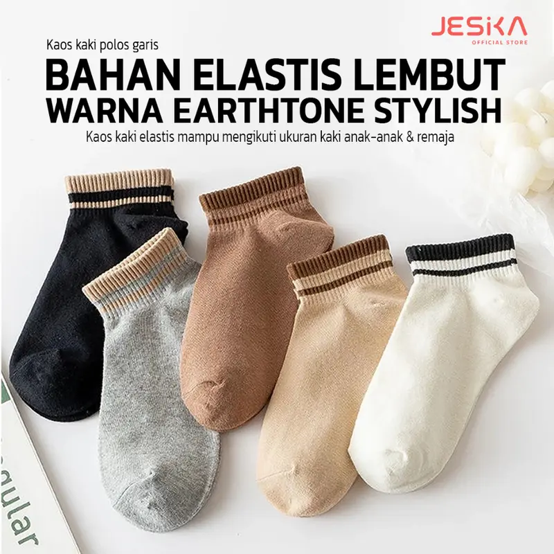 Kaos kaki katun pendek semata kaki pantofel loafers cotton elastis untuk anak sd remaja pria Wanita motif garis elegan warna coklat cream coksu polos lucu aesthetic 1
