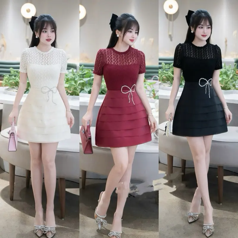 HĐ - Váy Thiết Kế Váy Dự Tiệc Váy Ren Phối Tafta Xếp Ly Tơ Đính Đá Eo Sang Chảnh V3279