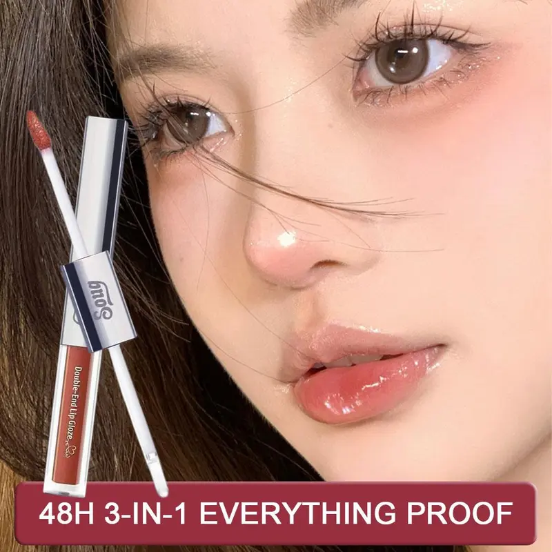 SOUG 3-in-1 Matte Lipstik Warna Melindungi Lip Gloss Tahan Air Non-Lengket 2.2g+2.2g 4
