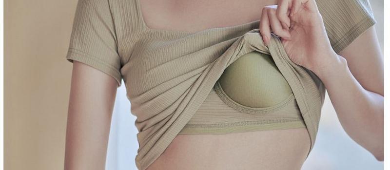 Product Introduction of Pure Cotton with Chest Pad Short-Sleeved T-shirt Woman Square-Neck Cup One-Piece Waist Bottoming Shirt Wear-Free Bra Underwear Outer Wear Clothing Women's Padded T-shirt 18