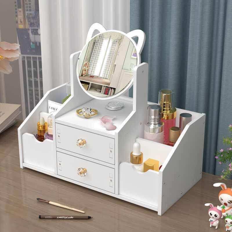 HN Kệ Mỹ Phẩm Bàn Trang Điểm Mini Tủ Đựng Mỹ Phẩm Có 2 Ngăn Kéo Tiện Lợi Kèm Gương Tai Mèo 4 Ngăn Sườn Dễ Thương