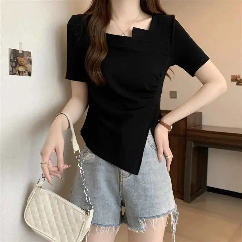 Áo Thun ngắn Tay Áo, Phong Cách Cổ Điển, Dành Cho Nữ, Cỡ Nhỏ Nhắn, Thiết Kế Cổ Điển Vai Thông Thường, Dễ Phối Đồ, Bó Sát, Thiết Kế Đẹp, Áo Xẻ Tà Độc Đáo, Thích Hợp Cho Mùa Hè