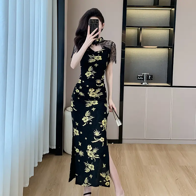 Light Luxury High-End Dress Women's Summer 2025 High-Grade Retro Slim Fit Slit Short Sleeve Improved Cheongsam Dress