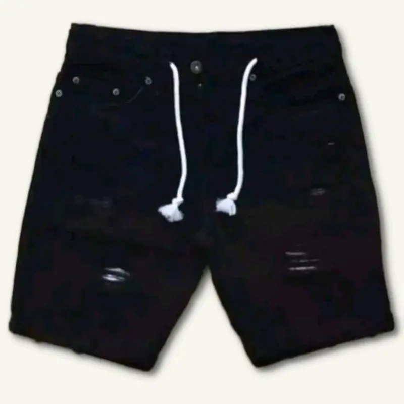 Celana Jeans Pendek Sobek Pria Cowok Non street Distro Santai Ripped Hitam 6